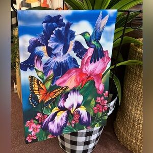 Hummingbird, Butterflies, and Iris Outdoor Flag Purple and Bright Pink